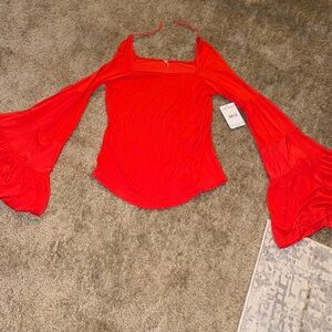 Free People Vibrant Red Blouse with Flowy Sleeves